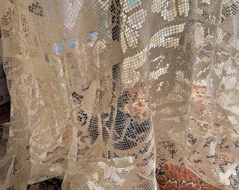 Vintage lace cotton linen large tablecloth in ecru colour, made in China, romantic French style