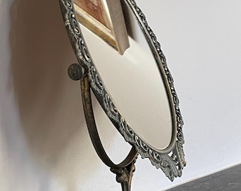 Large Antique Victorian Style Tabletop Vanity Mirror, Ornate Swivel Dressing Table Mirror, Baroque Rococo Brass Vanity Mirror, 20 inches