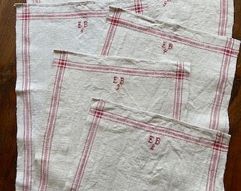 Antique hand woven linen with red stripes bath towel / dish or tea cloth / table runner, extra long length, monogram initials, 1800's