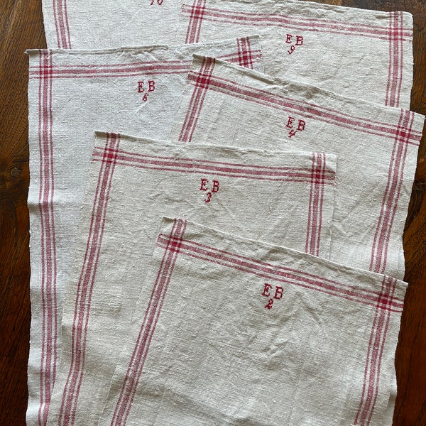 Antique hand woven linen with red stripes bath towel / dish or tea cloth / table runner, extra long length, monogram initials, 1800's