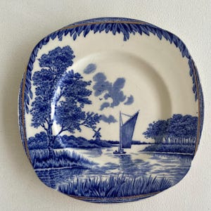 Antike quadratische Brot- und Butterplatte von Burlevware, Porzellan, mit Goldrand, hergestellt in England, Szene von Ludlow Castle, Dirham Bridge