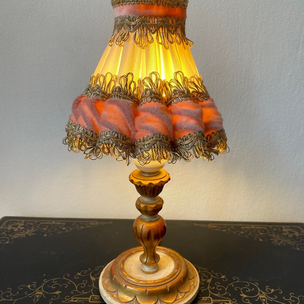 Lampshades, small, victorian era made from silk, pink velvet, trimming and chiffon with a lightbulb clip on, French boudoir style