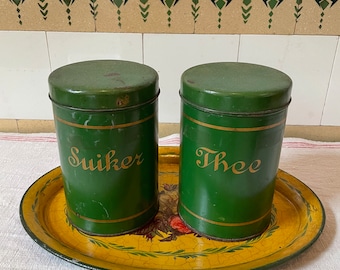 Boîtes à thé et à sucre antiques hollandaises de forme cylindrique avec couvercles