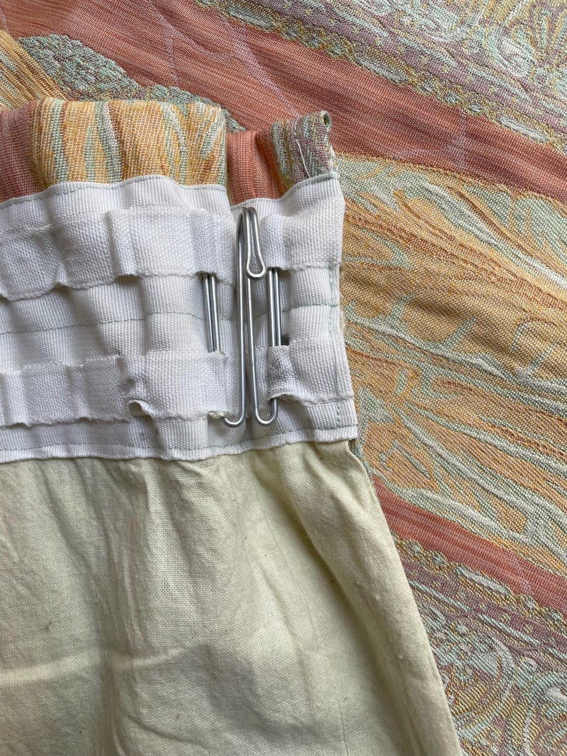 Italian design vintage raw silk type curtains in soft muted colours of peach, blue, pink and yellow in a striped Italian style, extra length image 8