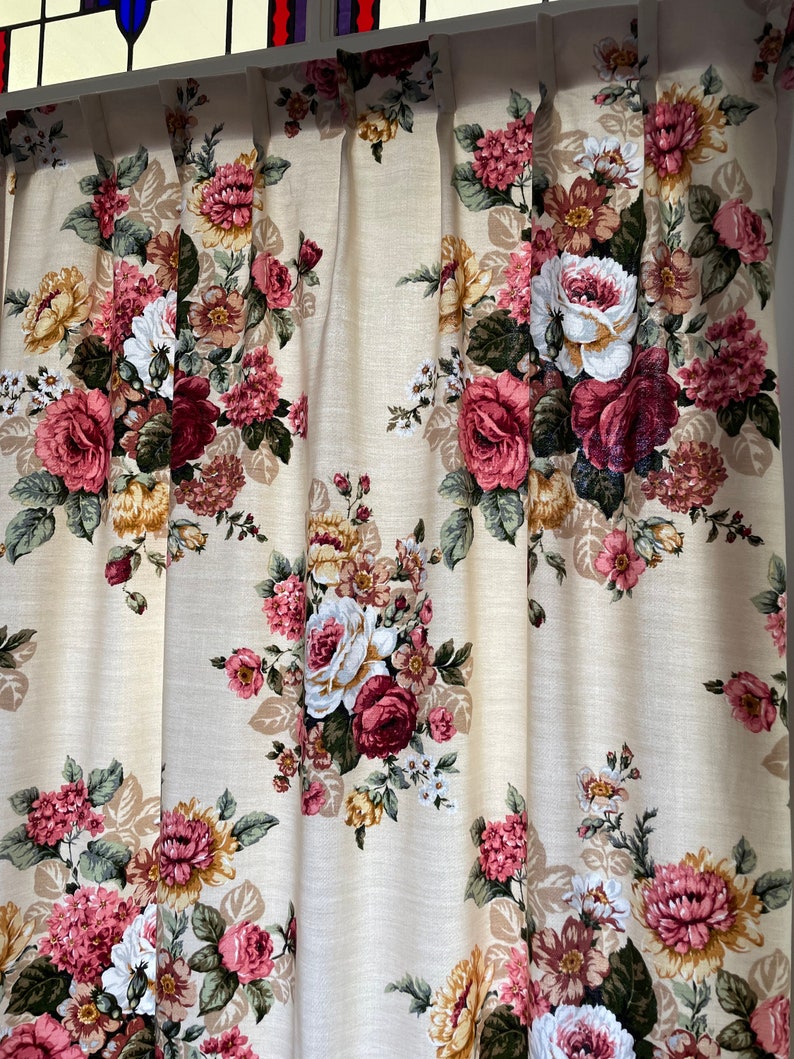 Curtains vintage romantic English pink, white and golden yellow roses on a cream Buckingham fabric range image 3