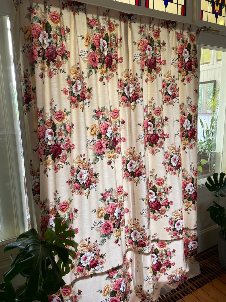 Curtains vintage romantic English pink, white and golden yellow roses on a cream Buckingham fabric range image 10