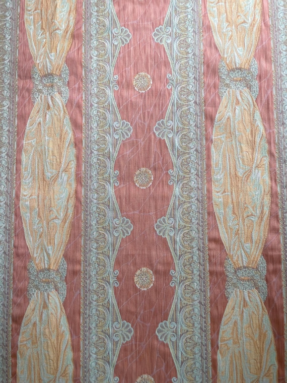 Italian design vintage raw silk type curtains in soft muted colours of peach, blue, pink and yellow in a striped Italian style, extra length