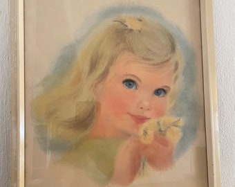 Frances Hook original print of little girl holding dandelion flowers, in original frame van 1960