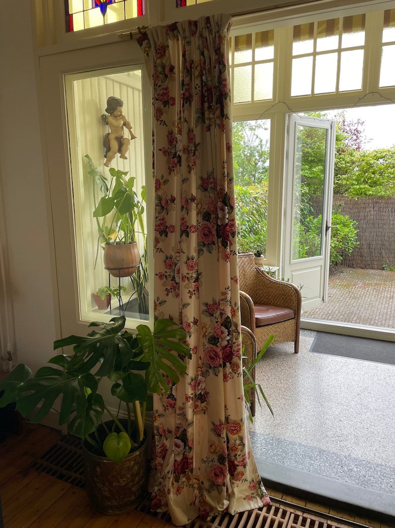 Curtains vintage romantic English pink, white and golden yellow roses on a cream Buckingham fabric range image 4