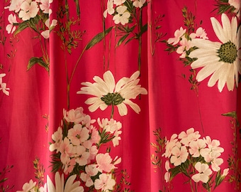 Fresh vibrant red silk vintage curtain with daisies and blossoms