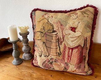 Antique cushion nineteenth century hand embroidered woollen French tapestry / wall hanging, old salmon pink velvet backing with red trimming