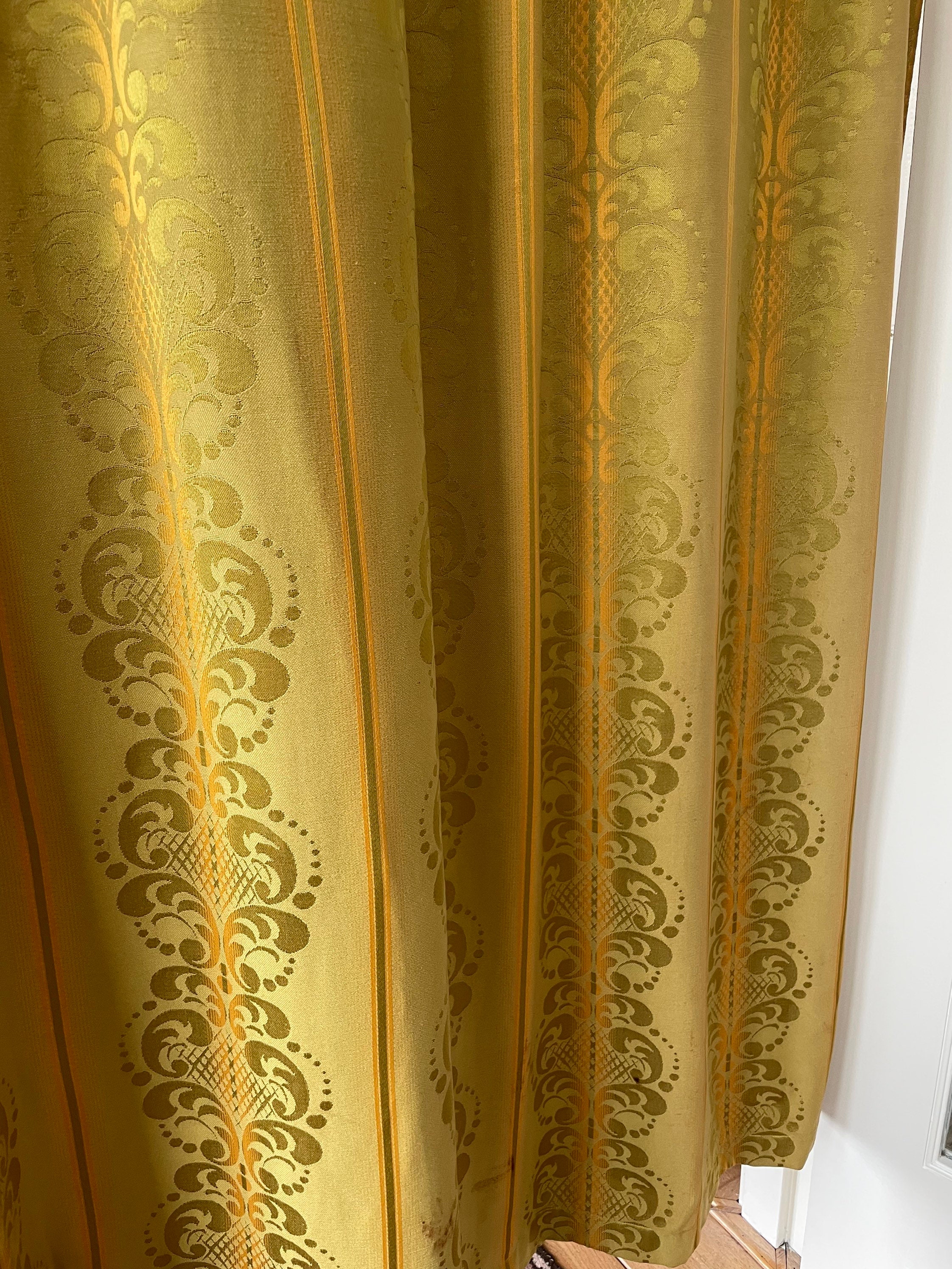 Golden Satin Damask Yellow Striped Vintage Curtains Etsy