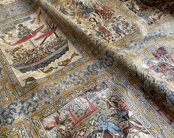 Vintage curtain depicting scenes from the Ottoman Empire period,  rayon screen-printed curtains from the 1950s–60s, collectible textile