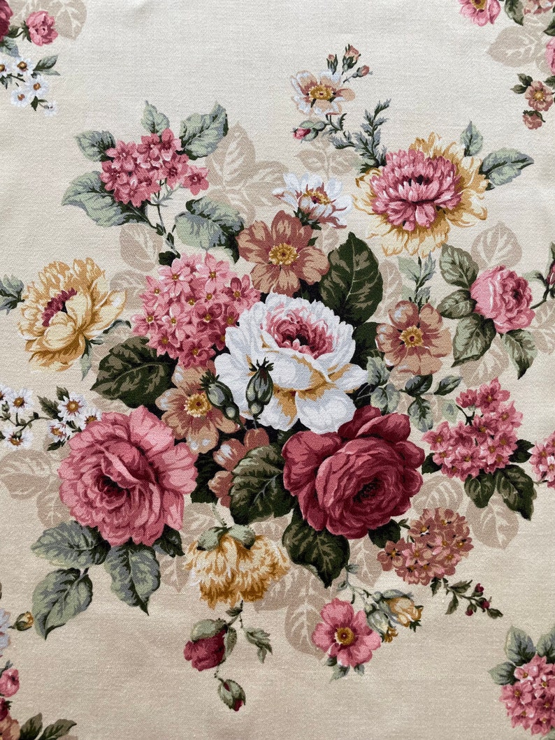 Curtains vintage romantic English pink, white and golden yellow roses on a cream Buckingham fabric range image 1