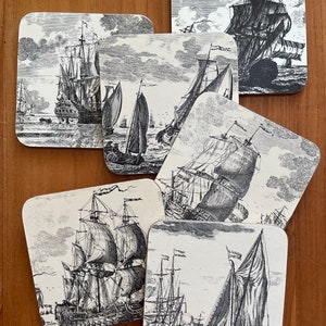 Wine coasters vintage etched black and white sailing ships Pimpernel range from the UK