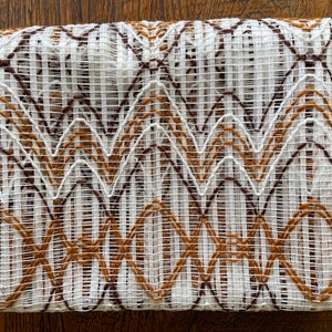 Four white lace café curtains with two tone brown wavey pattern, netting, voile, café curtain vintage