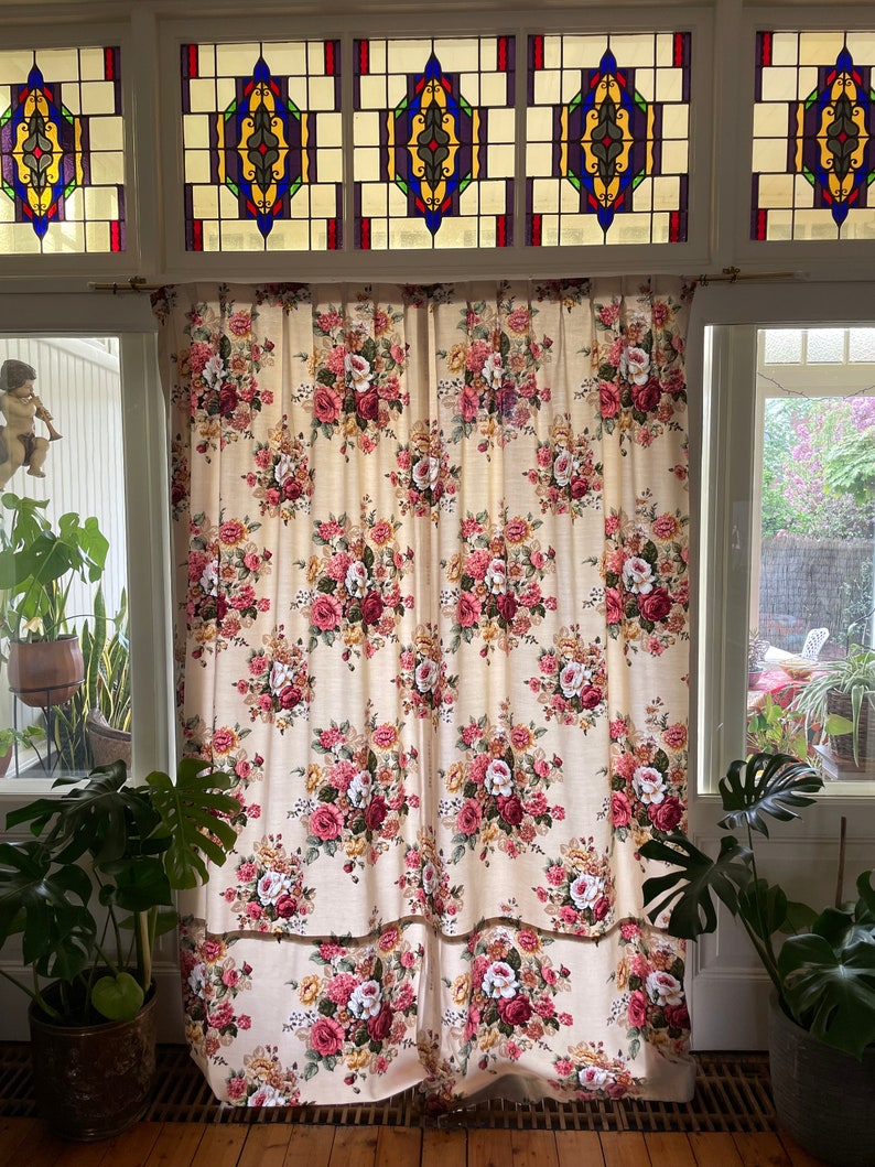 Curtains vintage romantic English pink, white and golden yellow roses on a cream Buckingham fabric range image 2