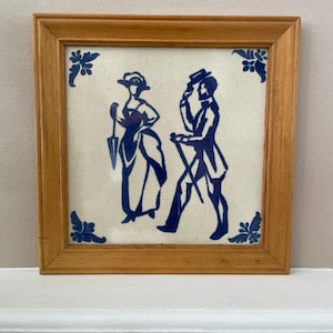 Delft wall tile, hand painted, vintage, original, picture of man and woman, blue and white ceramic tile.