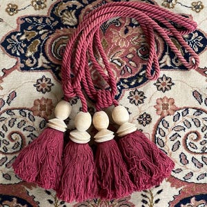 Two Large Cranberry Red Passementerie Curtain Tassel Tiebacks in Cotton with Natural Turned-wood Mould / Knob, Boho Drapery Holdbacks