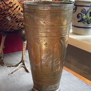 Vintage Indian Lassi Cup | Etched Brass Tumbler with Silver-Tone Rim | Traditional North Indian Beaker | Boho Home Decor, 80 years old