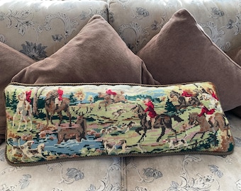 Lovely cushion cover of a tapestry of a English hunting scene, with dogs and horse riders in their red coats, vintage khaki velvet backing