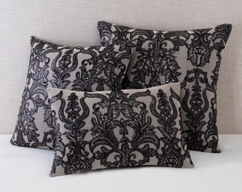 Black Damask Embroidered Sequin Pillow Cover - Victorian Glimmer (12x18, 18x18, 20x20)
