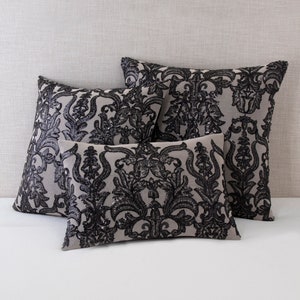 100% HANDMADE Black Damask Embroidered Sequin Decorative Throw Pillow Cover - 12x18, 18x18, 20x20, Pillow Cover, Dec Pillow,  Black-Owned