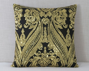 Black Yellow Gold Embroidered Sequin Pillow Cover - Santos Collection (18x18, 20x20)