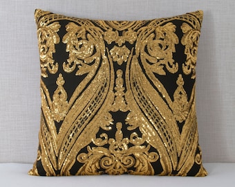 Black Bronze Embroidered Sequin Pillow Cover - Santos Collection (18x18, 20x20)