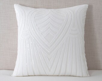 Off-White Sequin Leaf Pillow Cover - 20x20
