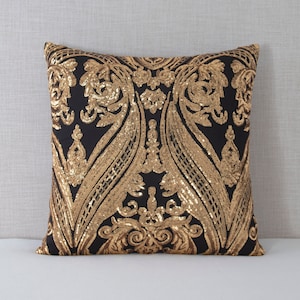 100% HANDMADE Black and Gold Embroidered Sequin Decorative Throw Pillow Cover - 18x18 20x20, Pillow Cover, Throw Pillow,  Black-Owned