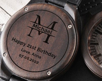 21st birthday gift for him, engraved wood watch, personalized 21st birthday unique gift male, twenty first birthday gift, Monogram watch