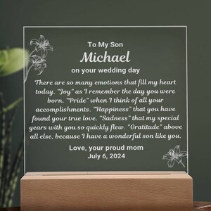 Personalized gift for son on his wedding day, engraved acrylic plaque, mother wedding gift to son, wedding gift for son, groom gift