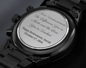 Personalized Engraved Black Chronograph Watch, Retirement Gift