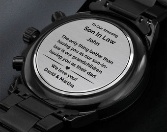 cadeau gendre, futur gendre, cadeau noel, montre gravée, chronographe Black watch, cadeau anniversaire, joyeux noel, anniversaire