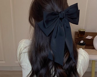 Black Velvet Hair Bow Long Tail French Barrette Grace & - Etsy