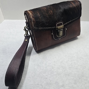 Handmade Leather Clutch with Hair-On-Hide Flap | Western Wristlet Purse with Brass Lock | Rustic Cowhide Evening Bag