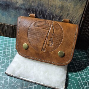 Handcrafted Leather Fly Fishing Pouch - Freedom Fishing Wool Lined with Custom American Flag & Fly Design - Tan with Turquoise Stitching