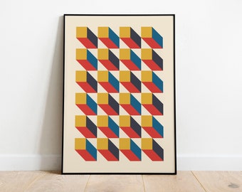 Minimalist, Abstract, 3D, Geometric Bauhaus Style Wall Art – Red Yellow Blue