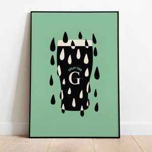 May include: A black and white illustration of a pint glass of Guinness with the text "Split the G" on a green background.