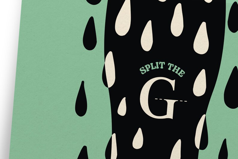 May include: A black and green illustration with the text "SPLIT THE G" in white. The letter G is split in half with a dashed line. The background is filled with black and white raindrops.