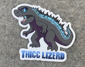 Thicc Godzilla Sticker, 3" x 2.64", high-quality, vinyl die-cut, Monster Mash, Chibi Style Thick Lizard