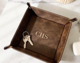 Personalized Leather Tray, Engraved Vegan Leather Valet Tray, Christmas Gifts, Custom Catch All Tray, Father&#39;s Day Gifts, Graduation Gifts