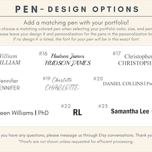 Peut inclure: Une liste d'options de conception de stylo avec diff&eacute;rents noms et titres. Les options sont num&eacute;rot&eacute;es de 15 &agrave; 23. Le texte comprend les noms "William", "Hudson James", "Christopher", "Jennifer", "Charlotte", "Daniel Collins", "Eileen Williams", "RL" et "Samantha Lee".
