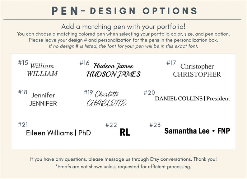Peut inclure: Une liste d'options de conception de stylo avec diff&eacute;rents noms et titres. Les options sont num&eacute;rot&eacute;es de 15 &agrave; 23. Le texte comprend les noms "William", "Hudson James", "Christopher", "Jennifer", "Charlotte", "Daniel Collins", "Eileen Williams", "RL" et "Samantha Lee".