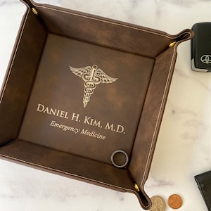 Personalized Catchall Tray, Engraved Vegan Leather Valet Tray, Catch All Tray, Father's Day Gifts, Christmas Gifts for Him, Gifts for Dad CADUCEUS-Med Field