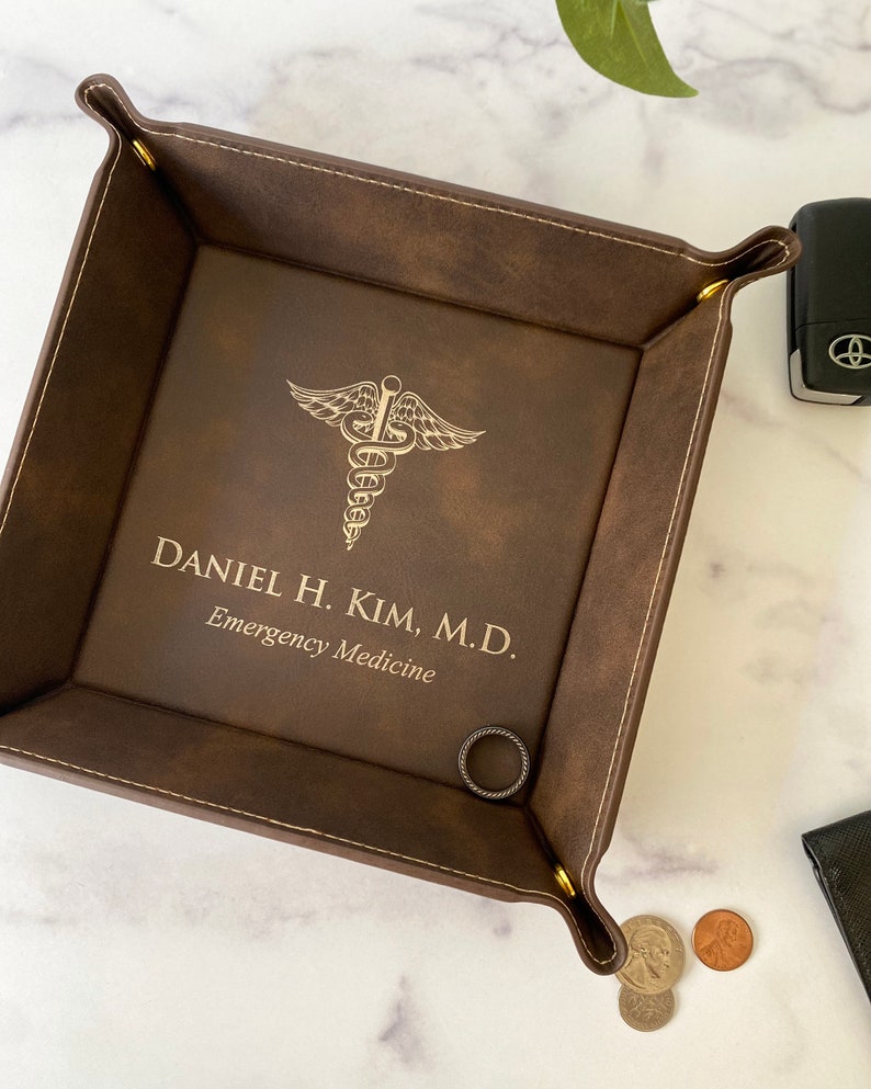 Personalized Catchall Tray, Engraved Vegan Leather Valet Tray, Catch All Tray, Father's Day Gifts, Christmas Gifts for Him, Gifts for Dad CADUCEUS-Med Field