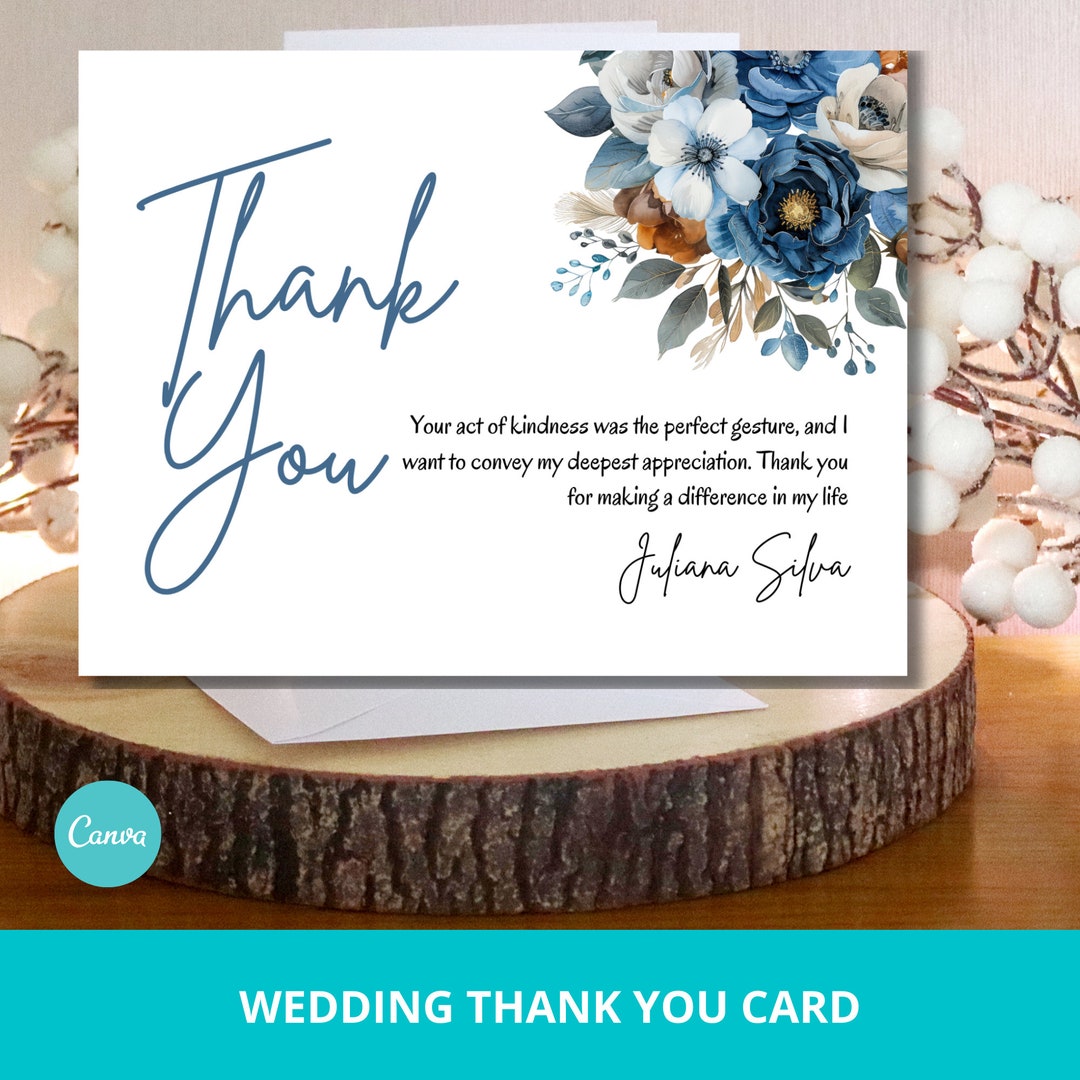 Blue Floral Wedding Thank You Card | Editable Canva Template | Elegant ...
