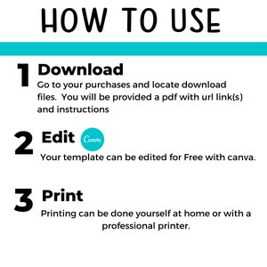 May include: A three-step guide on how to use a digital template. The steps are download, edit using Canva, and print. The text is in black and white with a teal blue background.