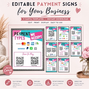 Puede incluir: Un conjunto de nueve plantillas editables de carteles de pago para negocios, con esquemas de colores rosa, turquesa y blanco. Los diseños incluyen texto como PAYMENT TYPES WE ACCEPT, SCAN TO PAY y THANK YOU, junto con varios logotipos y códigos QR.